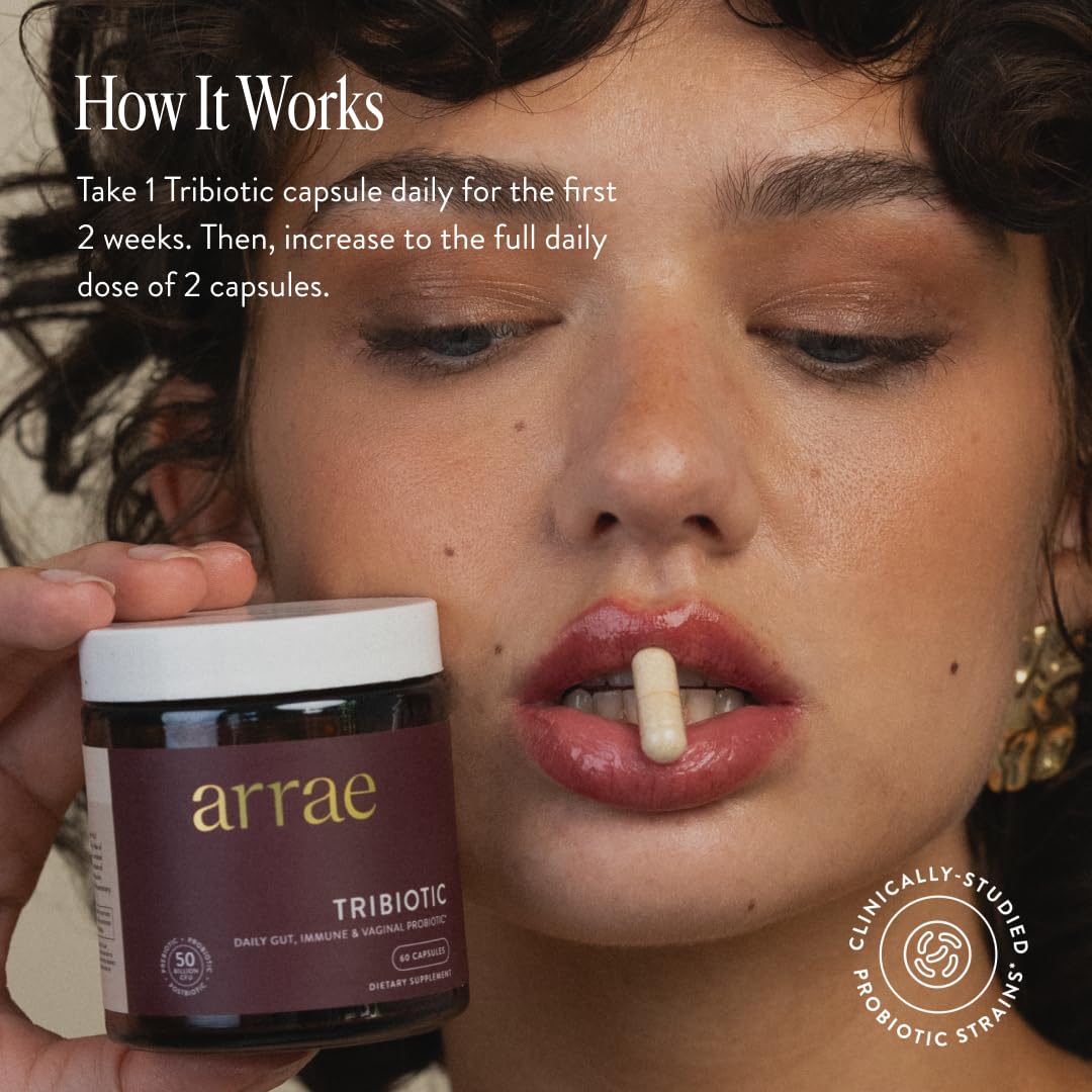 Arrae Tribiotic, Probiotics for Women, Support for Vaginal pH Balance, Gut, Immune, and Feminine Health, Prebiotics, Probiotics, Postbiotics, 60 Count